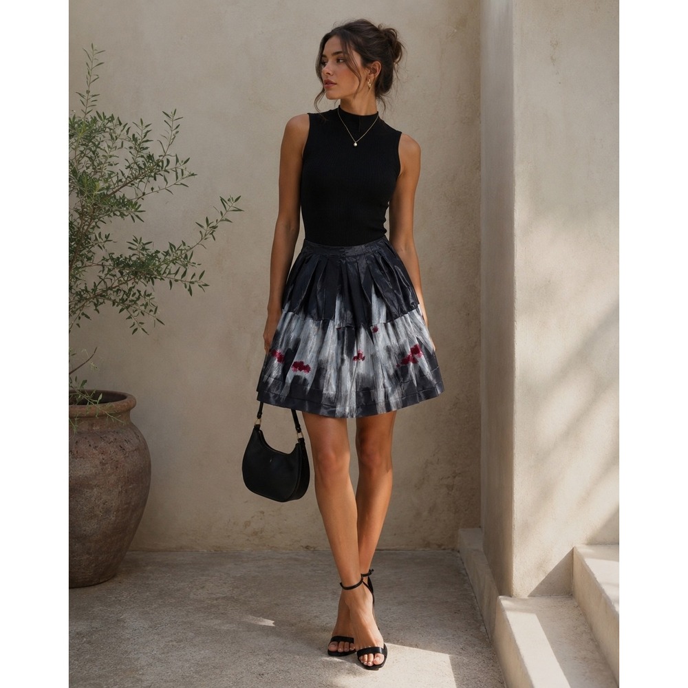 Marni Abstract Pleated A-Line Skirt IT 42 US 6 Black Gray Nylon Made in Italy